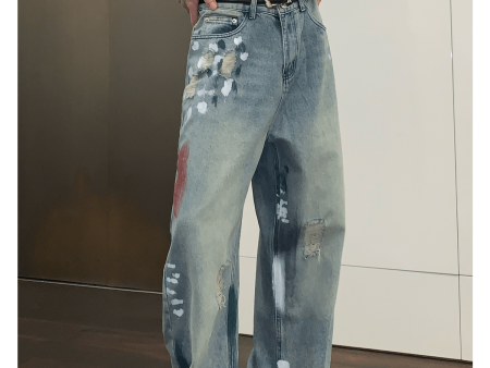 [CUIBUJU] street graffiti contrast color straight jeans na759 For Sale